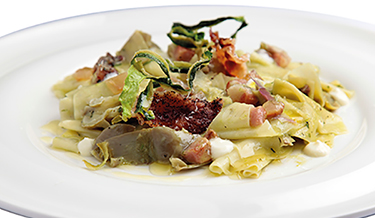 Maltagliati with artichoke cream, crispy bacon and pecorino cheese 1